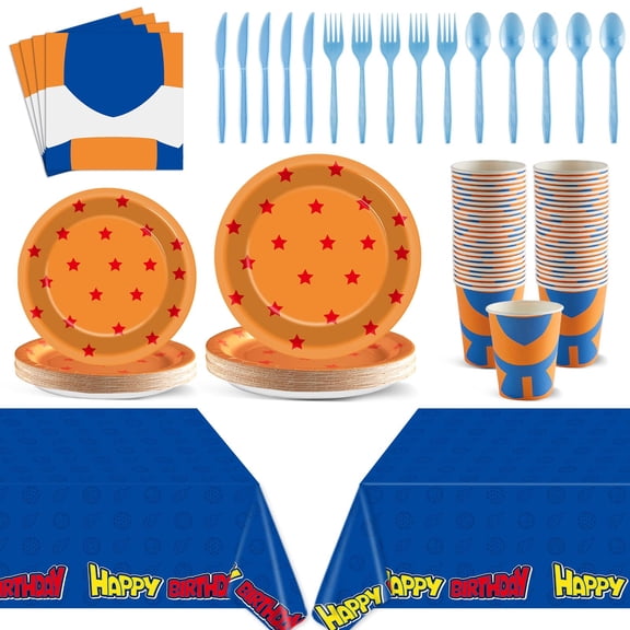 170 Pcs Anime Dragon Theme Party Supplies Cartoon Party Decorations Anime Tableware Set Include 24 Serves Yellow Blue Disposable Plates Napkin Fork and 2 pcs Tablecloth for Decor Y102