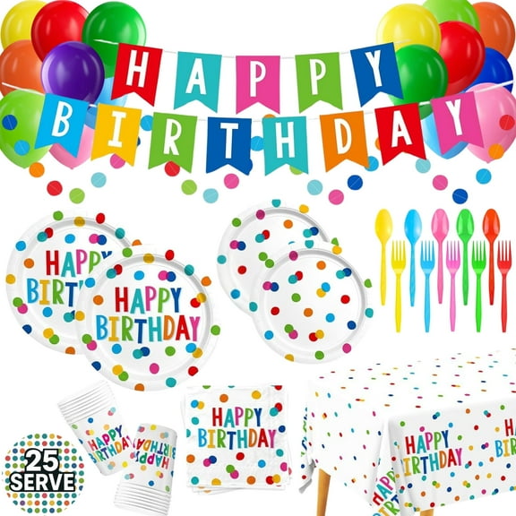 Happy Birthday Decorations - Colorful Dots Design Happy Birthday Party Supplies Plates Tablecloth Banner Balloons for Kids, Serves 25