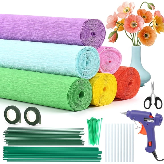 170 Pcs Crepe Paper Kit, 6-Colors 16.5×98 Inch Crepe Paper Streamers, with Glue Gun, Scissors, Wire & Floral Tape – Perfect for Making Paper Flowers, DIY Craft Projects and Wedding Party Decorations