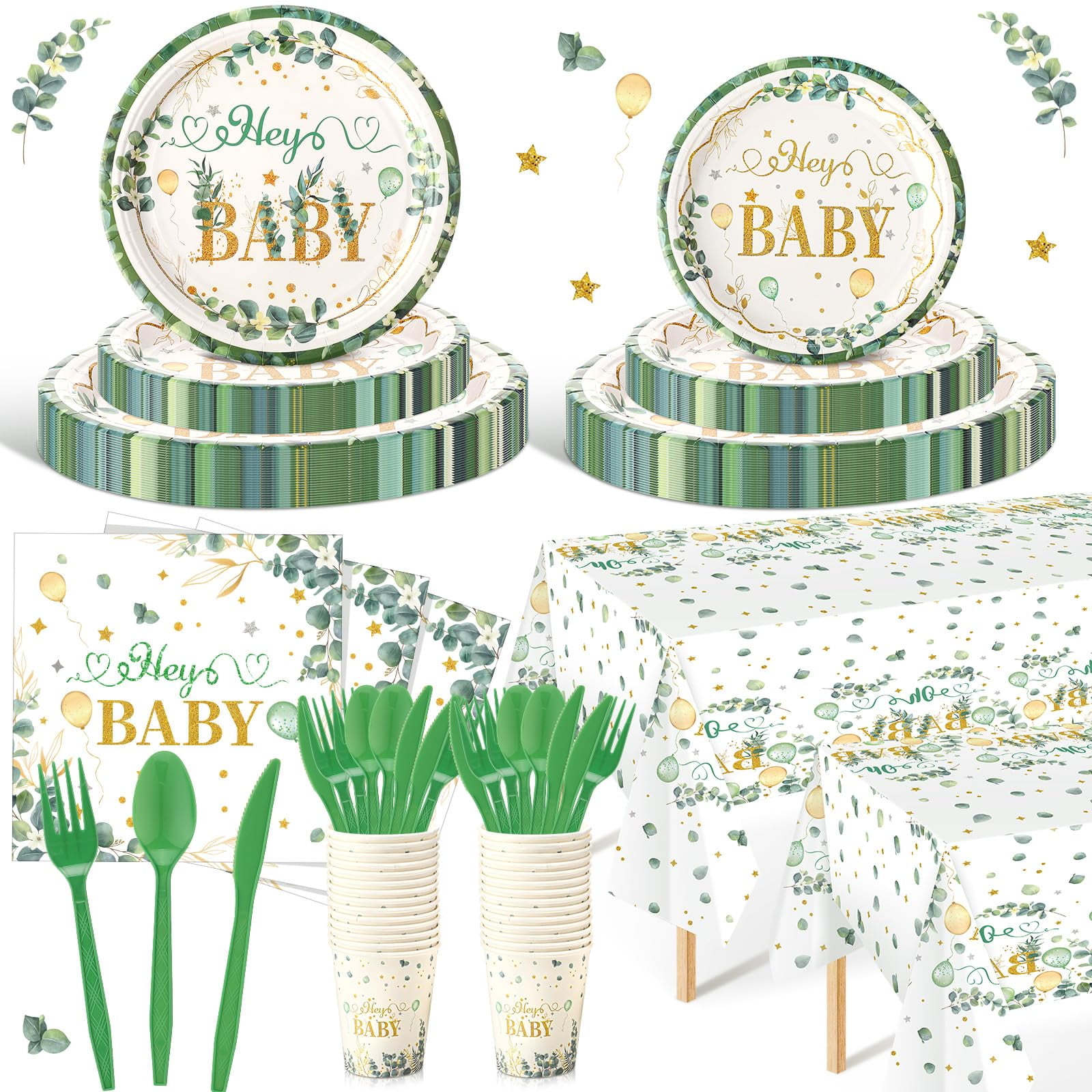 170 Pcs Sage Greenery Hey Baby Plates, Gender Neutral Table Decorations