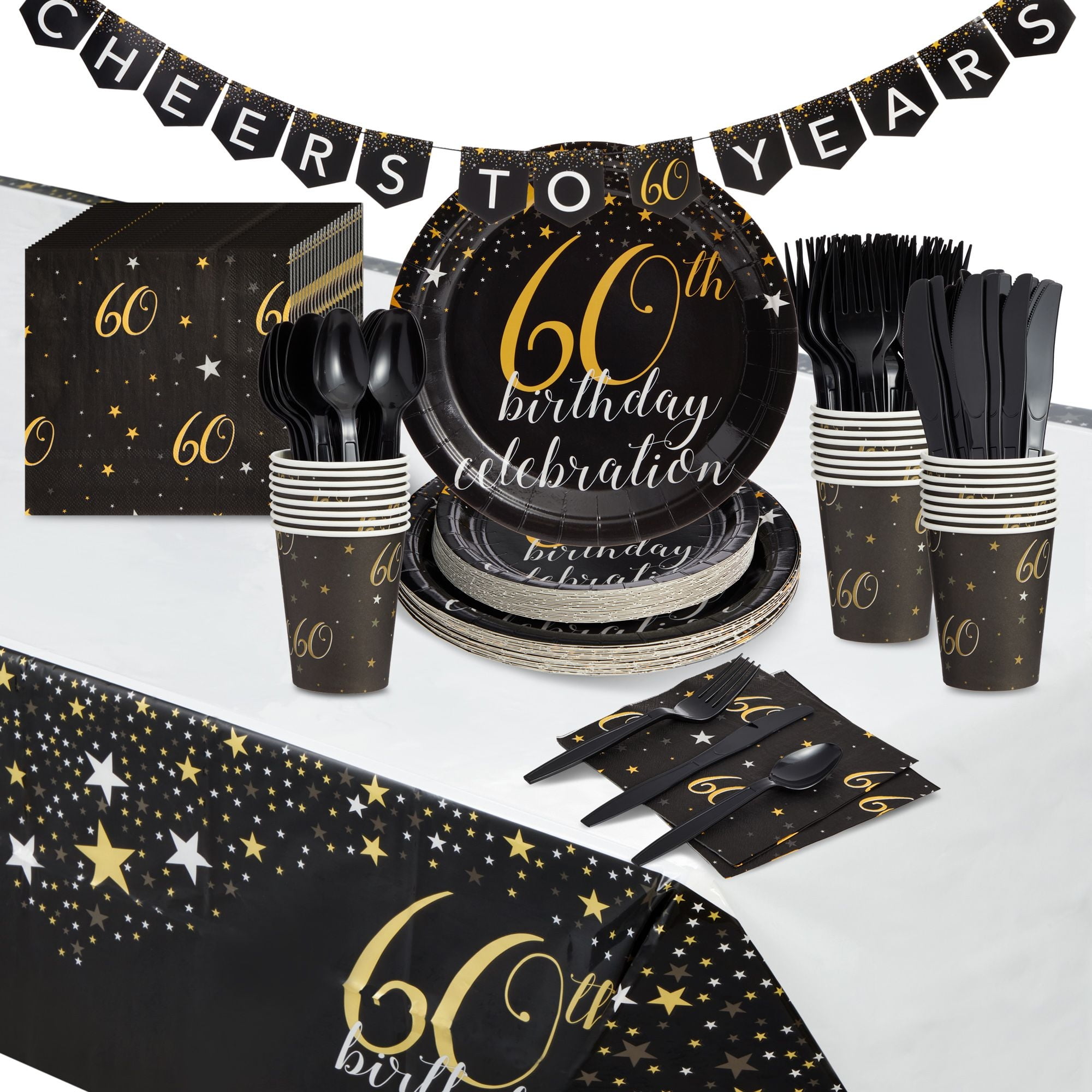 170-Piece 60th Birthday Party Supplies and Decorations for Men and Women with Black and Gold Paper Plates in 2 Sizes, Banner, Tablecloth, Napkins, Cups, and Cutlery (Serves 24) - Walmart.com