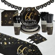 170-Piece 60th Birthday Party Supplies and Decorations for Men and Women with Black and Gold Paper Plates in 2 Sizes, Banner, Tablecloth, Napkins, Cups, and Cutlery (Serves 24)