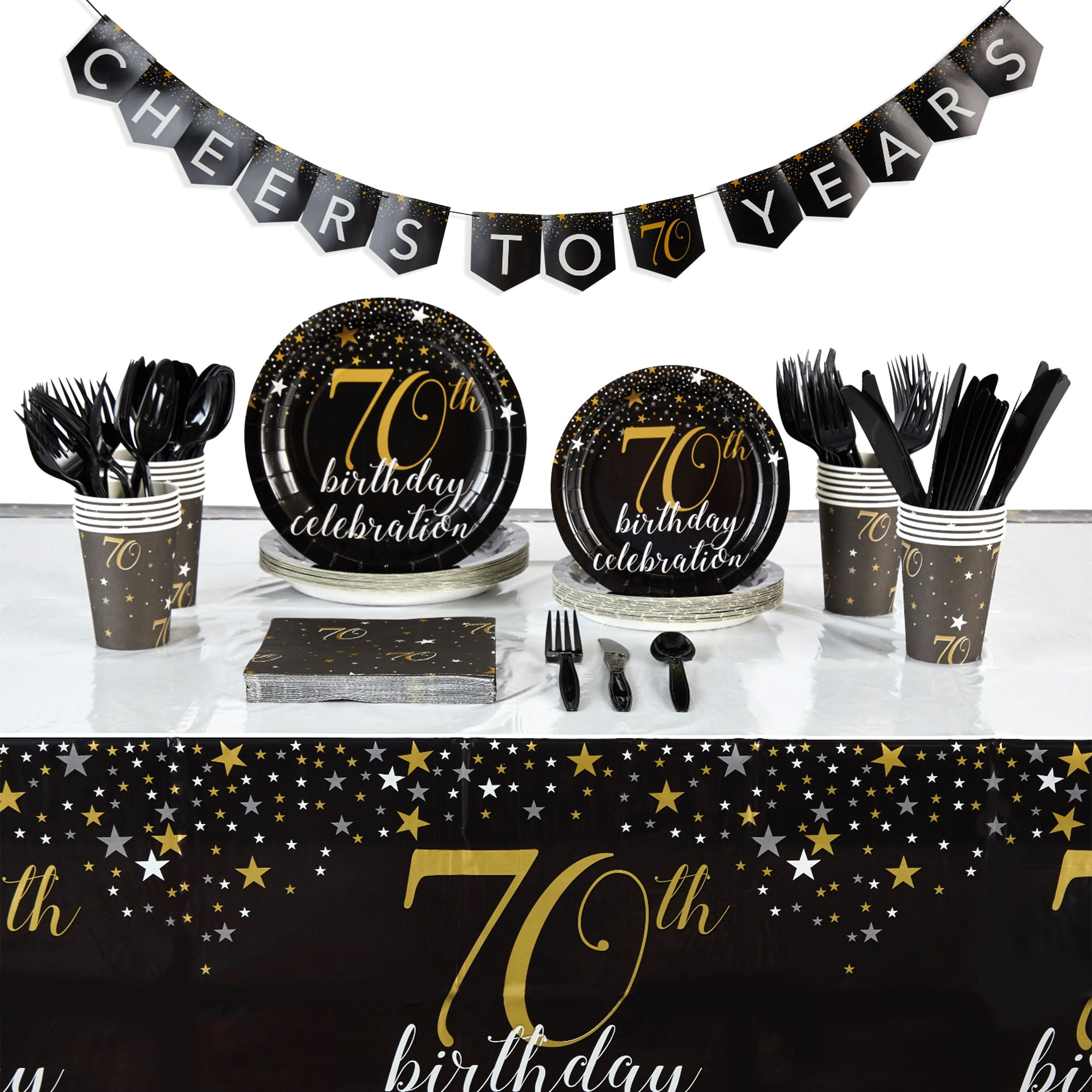 170-Piece 70th Birthday Party Supplies, Serves 24 Black and Gold Plates, Napkins, Cups, Cutlery, Tablecloth and Banner - Walmart.com