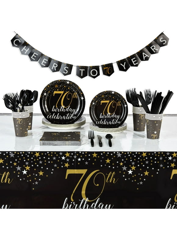 170-Piece 70th Birthday Party Supplies, Serves 24 Black and Gold Plates, Napkins, Cups, Cutlery, Tablecloth and Banner