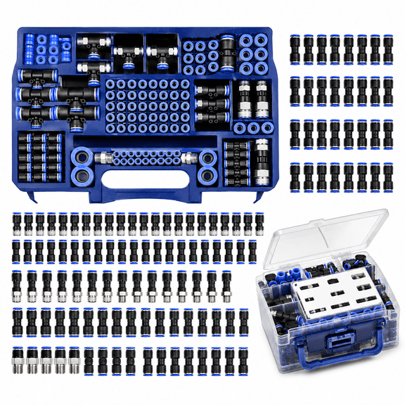 170-Piece Straight Push-to-Connect Air Hose Fittings Kit, Metric and SAE Pneumatic Tube Connectors from 4mm to 12mm and 1/8 to 1/2 Inch