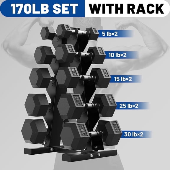 ROALW 170 lb Hex Dumbbell Set with Storage Rack, 5/10/15/25/30 lb Pairs Anti-Roll Cast Iron Free Weights for Home Gym