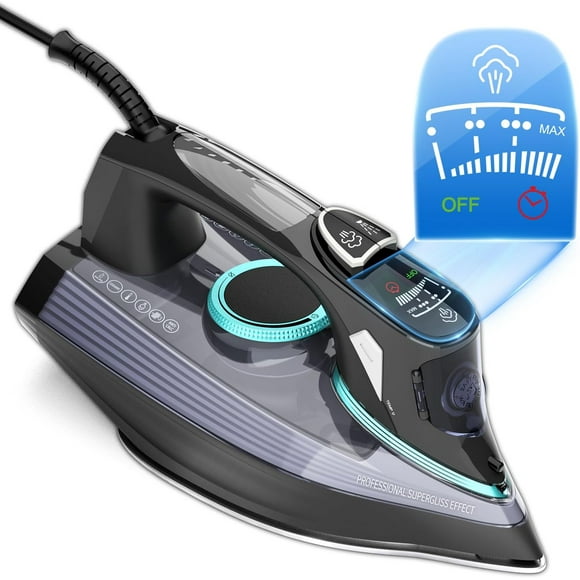 1700 Watts Steam Iron with Digital LED Display, Ceramic-Coated Soleplate, 3-Way Auto-Off, 4 Pre-Set Steam &Temp Settings for Different Fabrics, 300ml Water Tank Included for Clothes Ironing Use