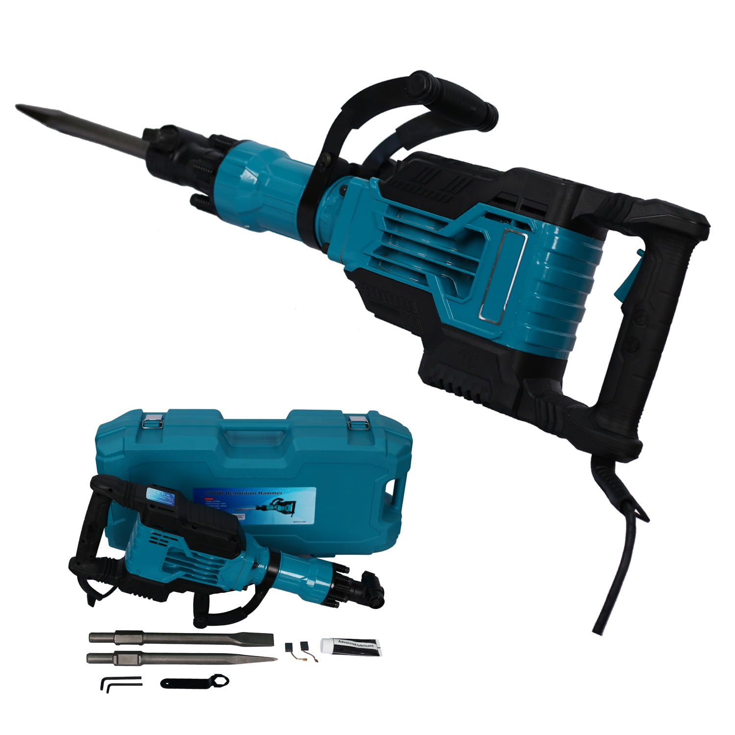 1700W 1900 BPM Electric Demolition Jack Hammer 1-1/8 Inch SDS-Hex Heavy Duty Concrete Pavement Breaker Drills Kit with Flat Chisel Bull Point Chisel for Trenching and Breaking, LJ3429