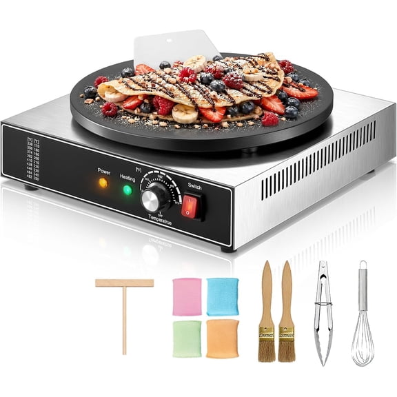1700W Electric Crepe Maker, 17.1 Inch Commercial-Style Crepe Machine with 122F-572F Temperature Control, Iron Plate Griddle for Crepes, Dosas, Pancakes, Tortillas and Flatbreads