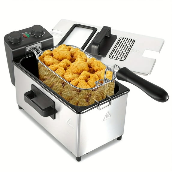 [1700W Electric Deep Fryer] 1700W Large Electric Deep Fryer, 3L/5L | Time & Temperature Control, Frying Baskets, Lid with View Window And Odor Free Filter, Stainless Steel