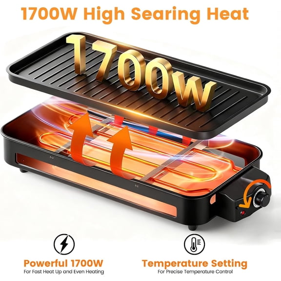 1700W Electric Indoor Grill & Griddle, Value 2-in-1 Countertop Raclette Grill Pan with Removable Plates for Low-Smoke Korean BBQ, Tabletop Cooker for Home Cooking Set