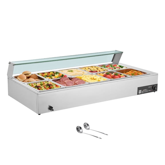 Commercial 10-Pan Electric Food Warmer 1700W Stainless Steel Steam Table Buffet Bain Marie with Tempered Glass Cover for Catering Restaurant Party Serving Soups Sauces Stews Hot Food Display