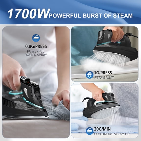 1700W Powerful Steam Iron for Clothes - Non-Stick Ceramic Soleplate, Digital LED Screen, Anti-Drip/Anti-Scale/Auto-Off - Precision Tips for Home & Travel