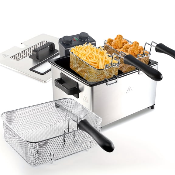 1700W Stainless Steel Electric Deep Fryer 1.32 Gallon Capacity, Adjustable Timer & Temperature Control with View Window Lid & Fry Basket for Home Kitchen Frying Use