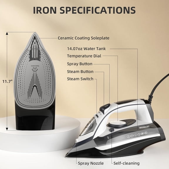 1700W Steam Iron for Clothes Rapid Heating, Stick Ceramic Soleplate, 3-Way Auto-Off, Burst of Steam, 14.07oz Water Tank Ironing Clothes for Home