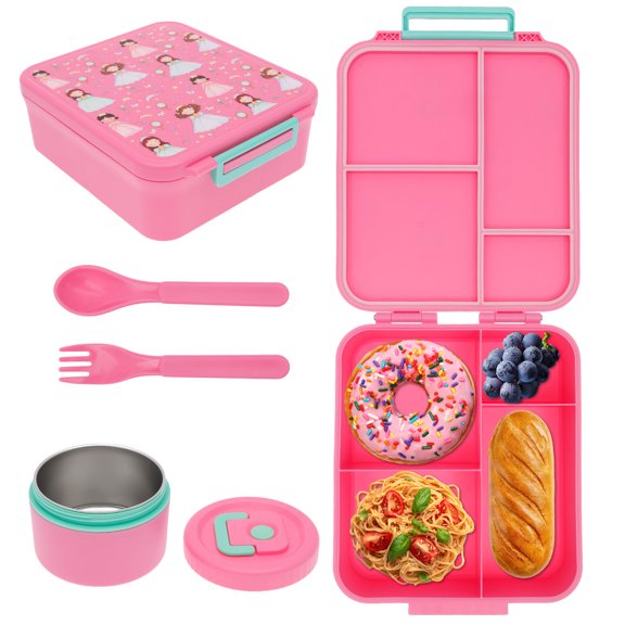 1700ml Children Food Box Leak Proof Compartmental with Soup Jar Spoon Fork for Work School Pink