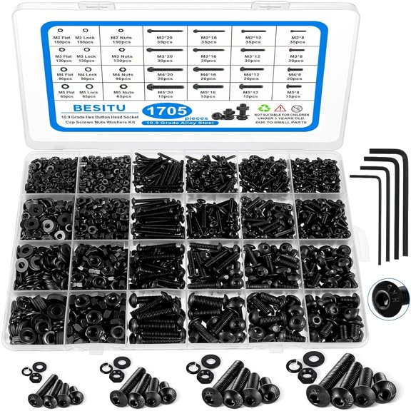 1705 Pcs Metric Machine Screw Assortment Kit, M2 M3 M4 M5 Hex Button Head Bolts Nuts Washers Set with Allen Wrench