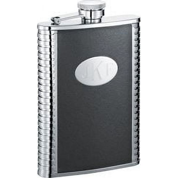 1709YGB-1 Black leather flask with engraving oval, 9 Oz, Stainless Steel