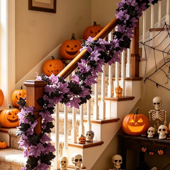 170CM Purple Pink Artificial Maple Leaf Rattan Garland, Zero Watering Long Lasting Faux Foliage, Flexible Bendable Plastic Vine, Hanging Leaf String For Wall Fence Holiday Christmas Halloween Decor
