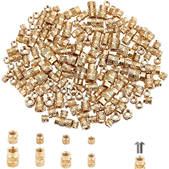170PCS 3D Printing Brass Nuts Thread Knurled Brass Nuts Slanted Knurls Nuts for Plastic 3D Printing Heat Set Insert Kit Gold