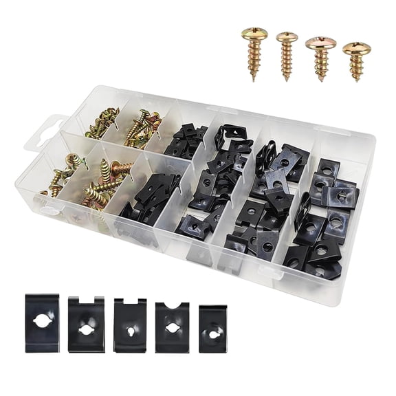170PCS Car U-Clip with Screws Assortment Kit, Metal Car U Clips Kit, 9 Sizes Auto U-Style Nut Clips, Auto Nut Screw Clip Assortment Replacement, for Door Panel Interior Dashboard Fender Bumper