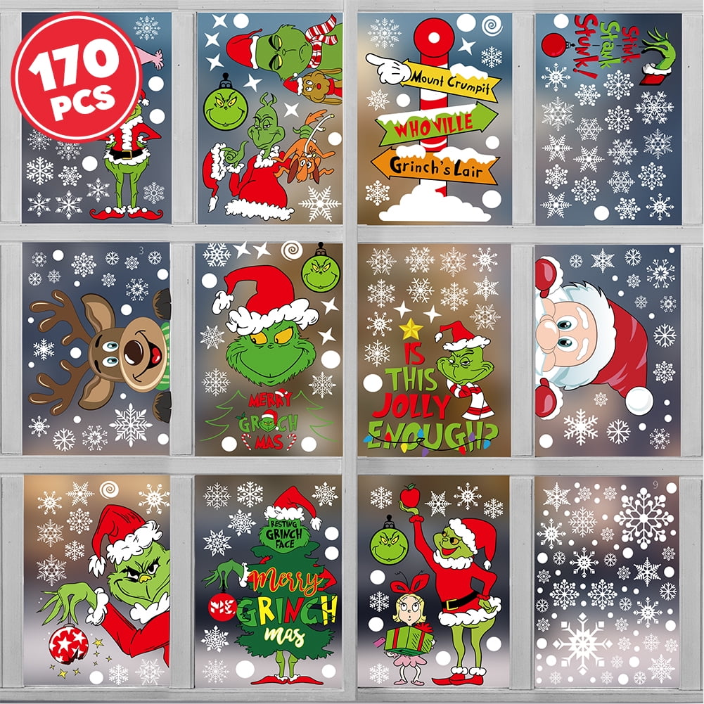 170PCS Grinch Christmas Window Clings + Satna Claus + Reindeer - 11 Sheets, Xmas Window Decals Decorations, Glass Christmas Party Window Stickers for Home School Office Holiday Party Supplies