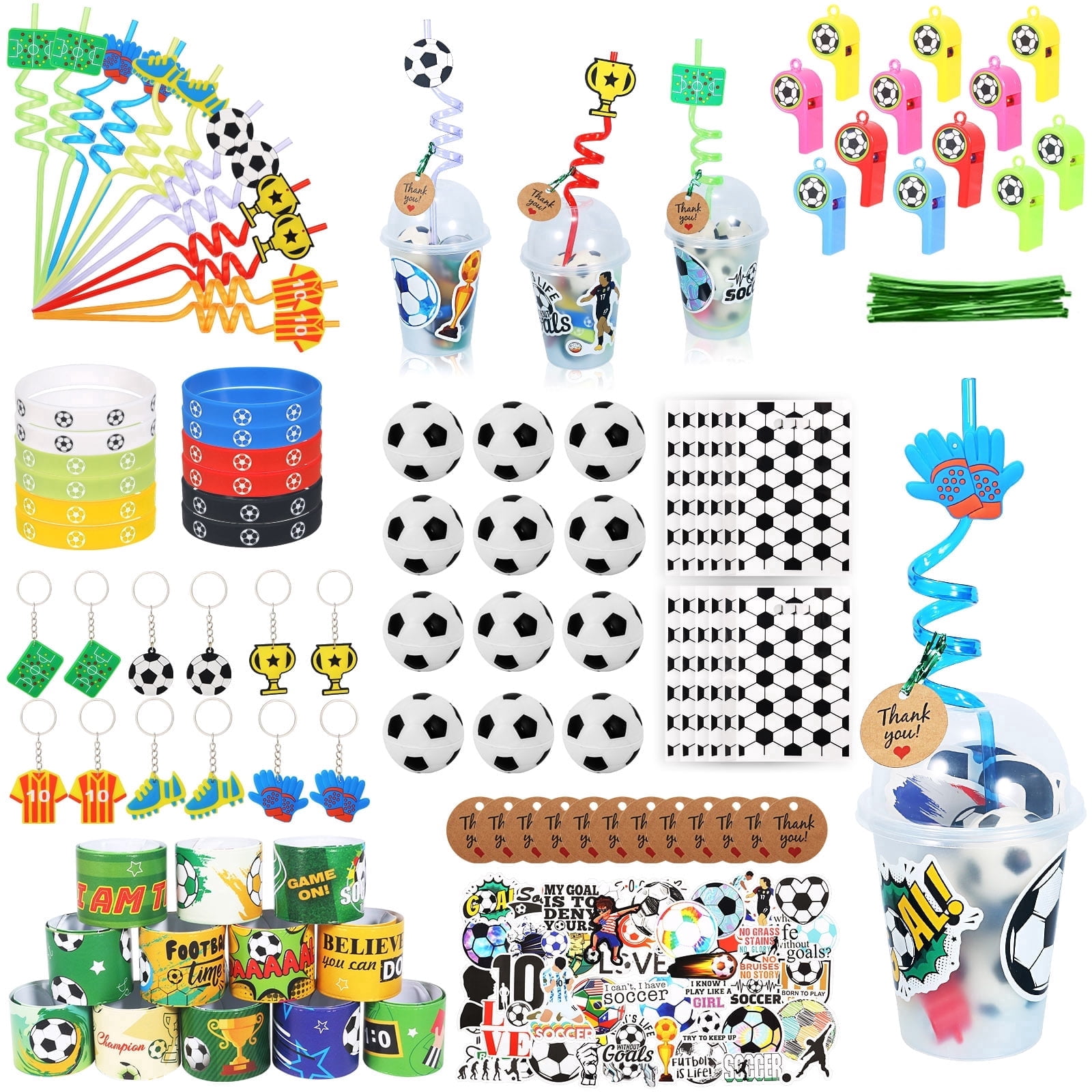 170PCS Soccer Party Favors for Kids, Birthday Party Supplies, Goodie Bags Set with Cups, Straws, Bracelets, Stickers, Mini Balls, Soccer Gifts for Boys