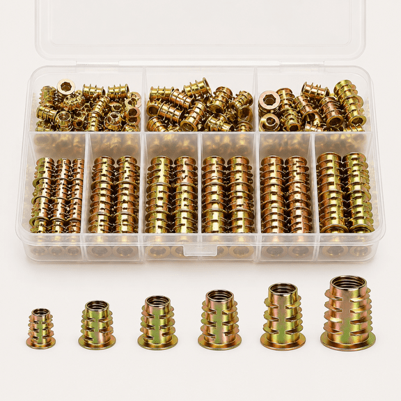 170PCS Threaded Inserts Nuts,6 Sizes Wood Threaded Insert Kit,Furniture Screw in Nut Wood Inserts M4/M5/M6/M8 Threaded Inserts for Wood,Hex Socket Drive Screw Inserts for Wood Furniture,Cabinet