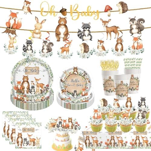 170PCS Woodland Animal Baby Shower Decor Pack: Tablecloth, cake toppers & more. Neutral gender reveal/birthday supplies, serves 25 guestsforest-themed party essentials.