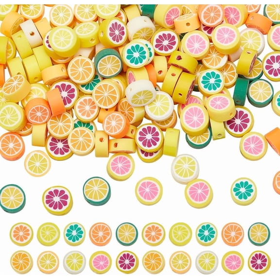 170Pcs 10 Styles Handmade Polymer Clay Fruit Beads Lemon Slice Mixed Color 8~10.5x3.5~5.5mm Hole: 1.2~1.6mm 17pcs/style diy