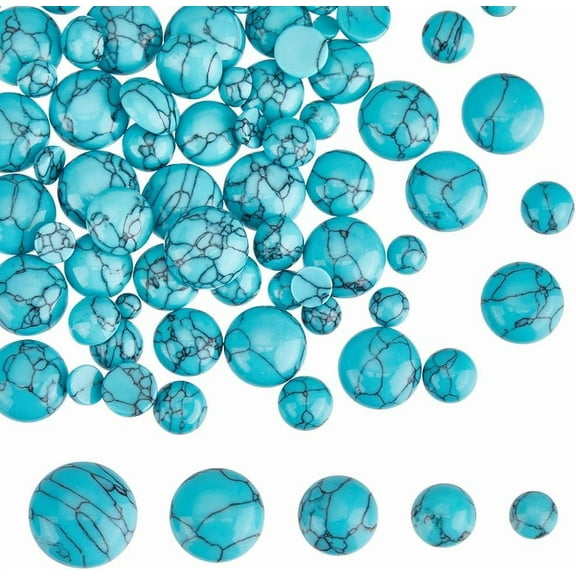 170Pcs 5 Styles Turquoise Cabochons Stone Cabochons Turquoise Flatback Stones Blue Texture Gemstone Flat Round Stone Cabochon