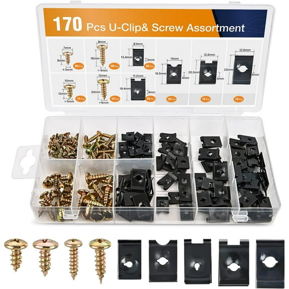 170Pcs Car U-Clip and Screw Assortment Kit 9 Different Sizes Automotive U Nut and Screw Clip Replacement Parts for Dash Door Panel Interior