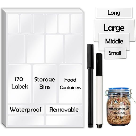 170Pcs Clear Removable Labels for Jars,for Storage Bins,for Food Containers with 2 Liquid Chalk Marker(Transparent)