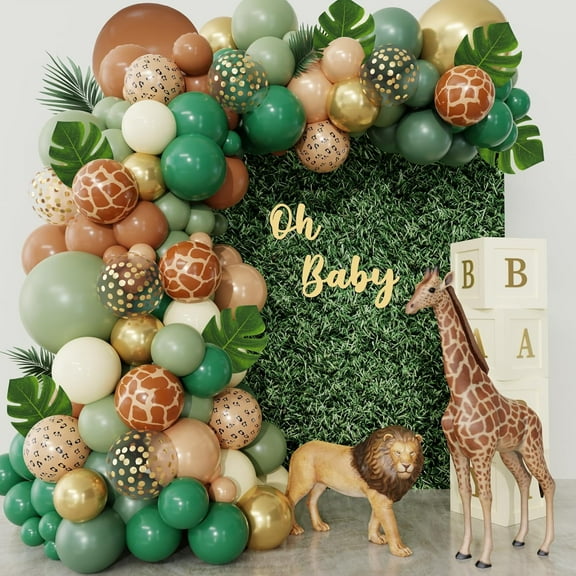 170Pcs Jungle Safari Balloons Arch Garland Kit, Sage Green Brown Animal Print Balloons Palm Leaves Wild One Safari Baby Shower Decorations for Boys Tropical Woodland Birthday Party Supplies