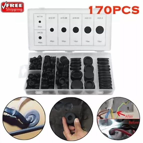 170Pcs Rubber Grommet Firewall Hole Plug Electrical Wiring Gasket Assortment Kit