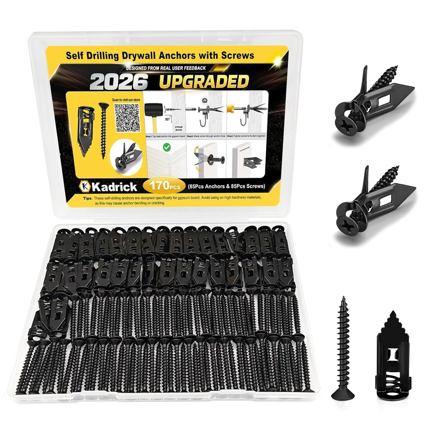 170Pcs Self-Drilling Drywall Anchors with Screws, Black Electroplated Hardened Steel Wall Anchors, No-Drill Hollow Wall Anchors for Modern Home Decor & Visible Installations