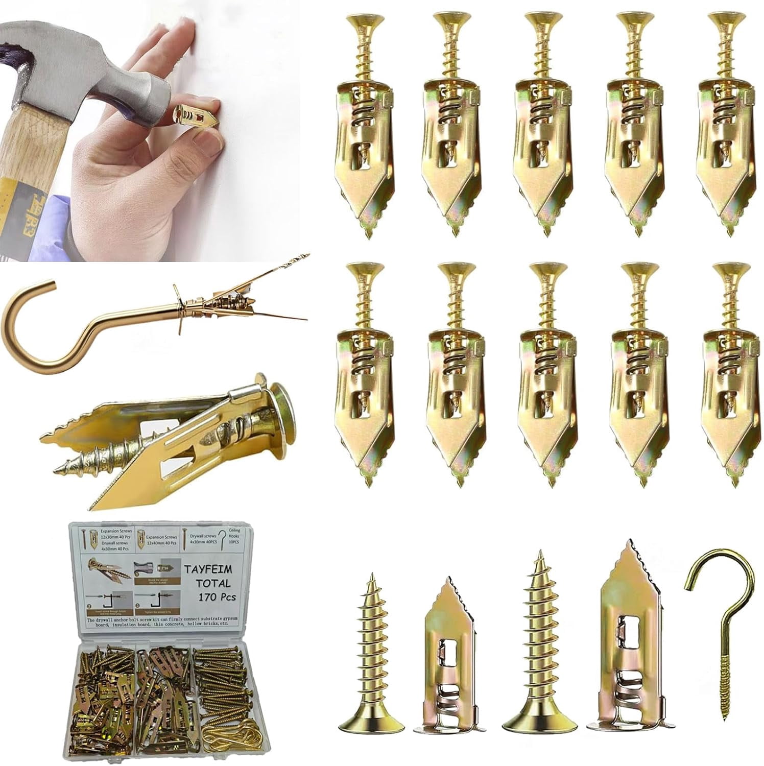 170Pcs Self Drilling Drywall Anchors with Screws Kit,Zinc Plated Steel,3 Sizes Expansion Screws and 2 Sizes Wall Anchors.No Drill Hole Needed for Mounting TV,Shelf,Mirror,Cabinet,Picture Frames