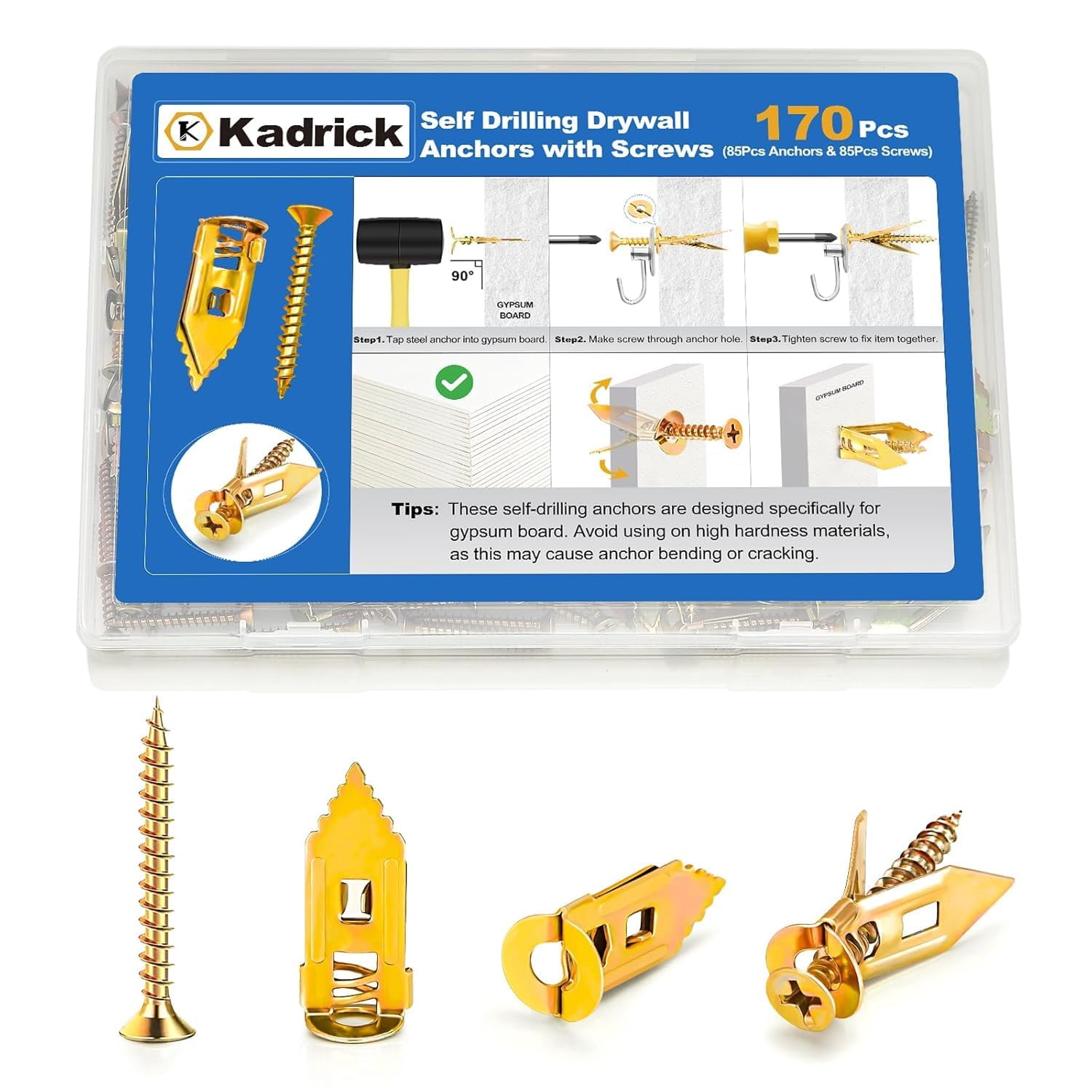 170Pcs Self Drilling Drywall Anchors with Screws，Zinc Plated Steel,2024 Upgraded Hollow Wall Anchors and Screws Kit, Easy Application No Drill or Holes in Wall(85 Anchors and 85 Screws)