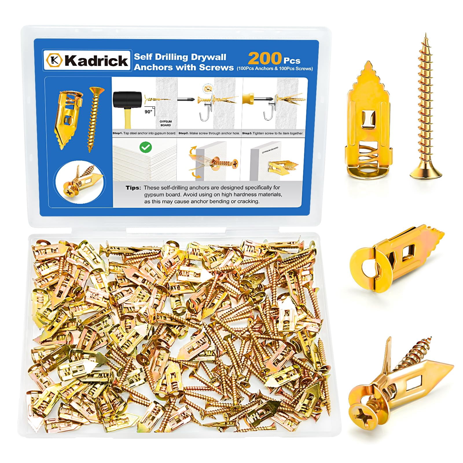 170Pcs Self Drilling Drywall Anchors with Screws，Zinc Plated Steel,2024 Upgraded Hollow Wall Anchors and Screws Kit, Easy Application No Drill or Holes in Wall(85 Anchors and 85 Screws)
