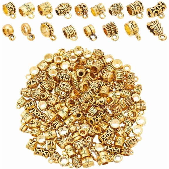 170Pcs Tibetan Golden Bail Beads 17 Styles Bail Tube Beads with Loop Bead Hanger Fit Charm European Bracelet Pendant Small Alloy Spacer Beads for DIY Crafts Jewelry Making