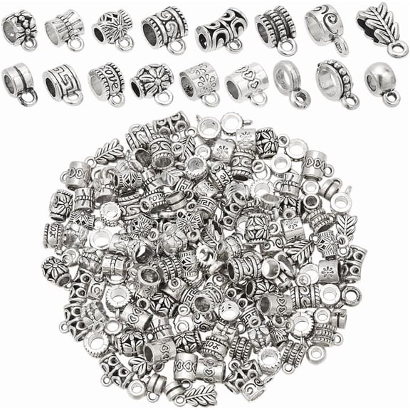 170Pcs Tibetan Silver Bail Beads 17 Styles Bail Tube Beads with Loop Bead Hanger Fit Charm European Bracelet Pendant Small Alloy Spacer Beads