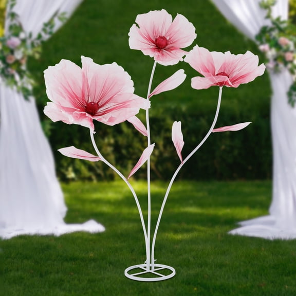 170cm 3-Head Gradient Red Artificial Wedding Flowers, Silk Petals Iron Base Floorstanding Centerpiece for Ceremony Decor