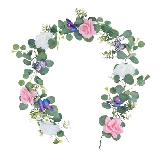 170cm Eucalyptus Garland Paired with Flowers and Butterflies Vines,Artificial Faux Floral Swag for Dining Table Fireplace Wedding Party Indoor Outdoor Decor