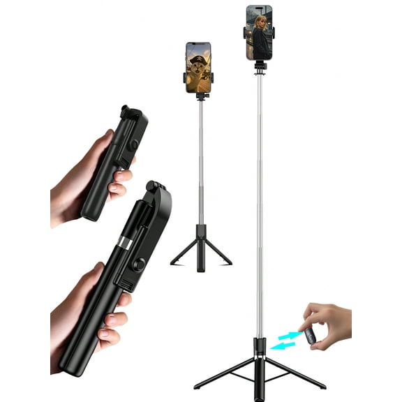 170cm Extendable Selfie Stick Tripod with Bluetooth Remote, Portable for Travel & Vlogging, Black, 1 Pack