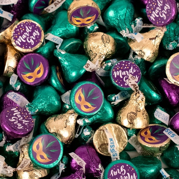 170ct Mardi Gras Stickered Chocolate Kisses in Purple, Green & Gold Foils For Parades, Favors & More