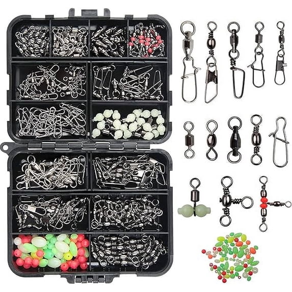 170pcs Fishing Swivels Kit Tackle Box Ball Bearing Swivel Rolling Swivel Crossline 3 Way Swivel Duo Lock Snap Assortment Fishing Accessories
