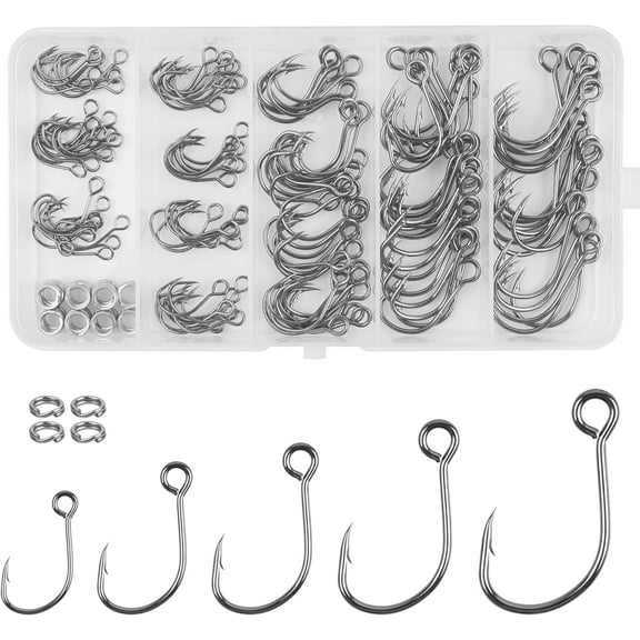 170pcs Inline Single Hooks Kit Single Replacement Inline Circle Hooks with Split Rings for Hard Lures Baits Fishing Tackle