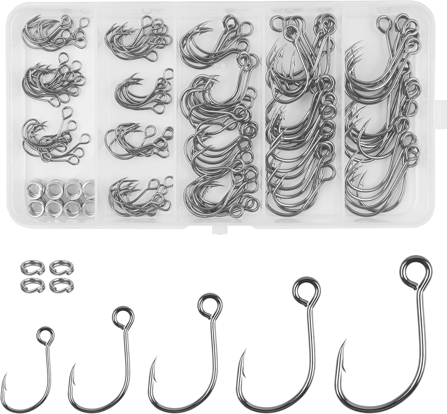 170pcs Inline Single Hooks Kit Single Replacement Inline Circle Hooks with Split Rings for Hard Lures Baits Freshwater Saltwater Fishing Tackle