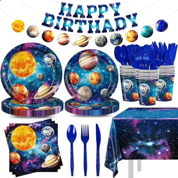 170pcs Outer Space Birthday Party Decorations Space Party Plates Napkins Tableware Set Solar System Disposable Cups Dinnerware Happy Birthday Banner Tablecloth for Kids Boys Party Supplies 24 Guests