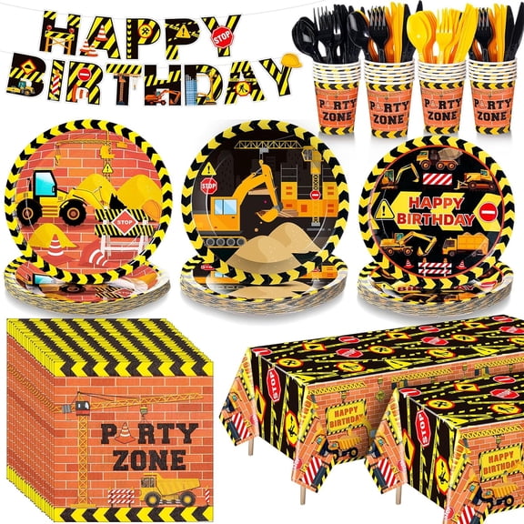 171 Pcs Construction Birthday Party Supplies Tableware Kit Include Plates Cups Knives Forks Spoons Napkins Tablecloths and Banner for Kids Birthday Decorations Toys Games (Yellow Black)